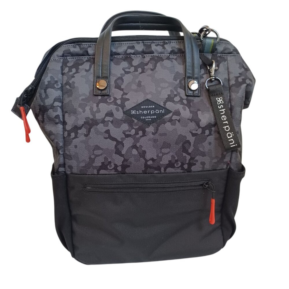 Sherpani Gray Camo Travel Tote with Black Base and Red Accents